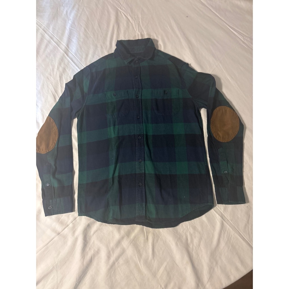 Aeropostale Flannel Shirt Mens Small Green Navy Blue Elbow Patches